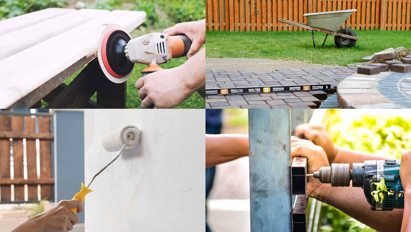 Collage of grinding a bench, painting a wall, screwing fence paling and fixing pavers