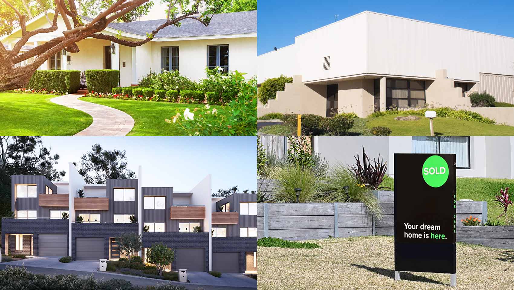 Collage of home, warehouse, flats and sold home sign