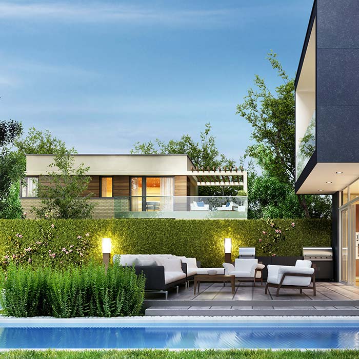 Modern nicely landscaped backyard pool area