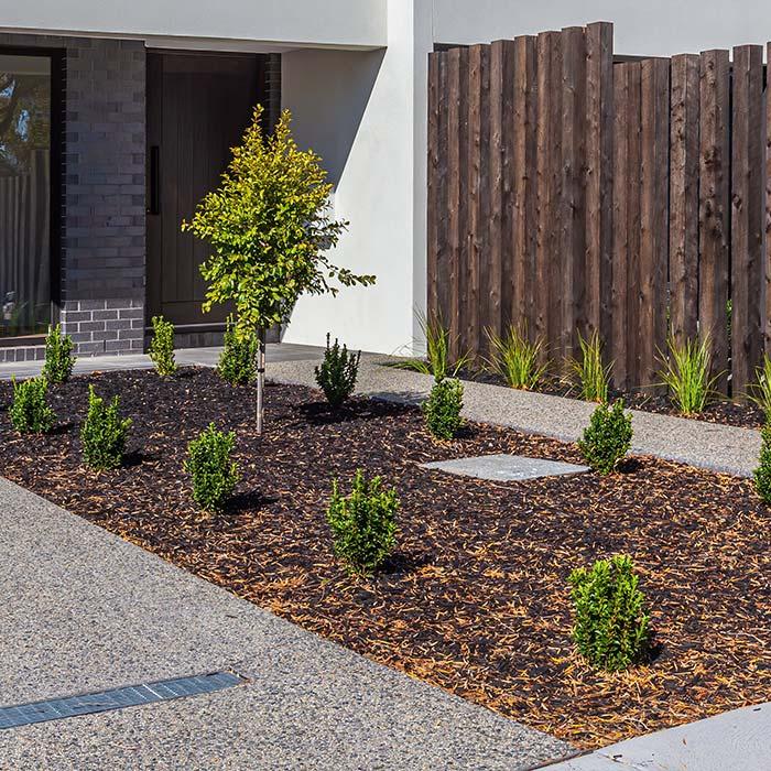 Modern landscaped small garden bed in middle of driveway